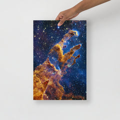 A Pillars of Creation by James Webb Telescope poster on a plain backdrop in size 12x18”.