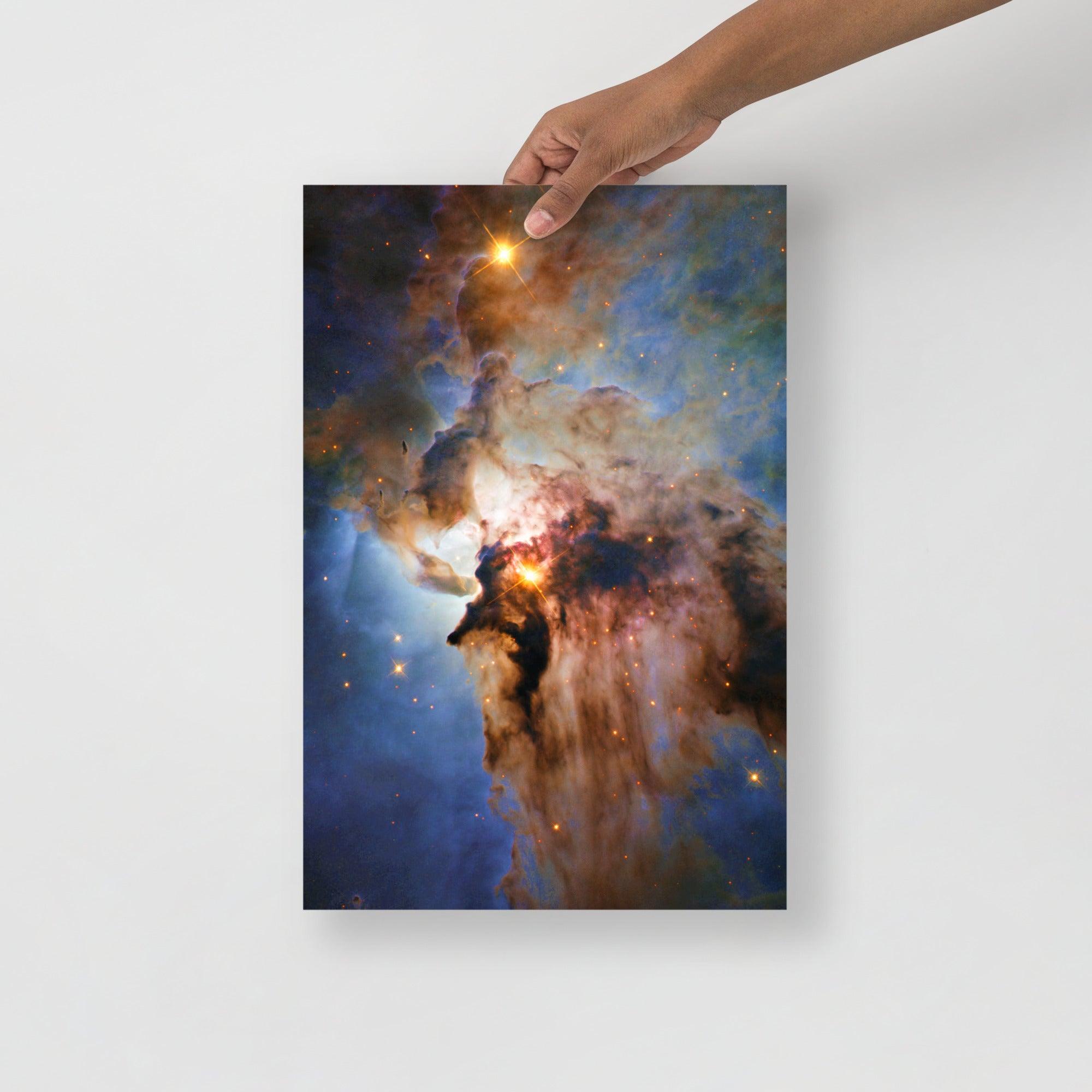 A Lagoon Nebula by Hubble Space Telescope poster on a plain backdrop in size 12x18”.