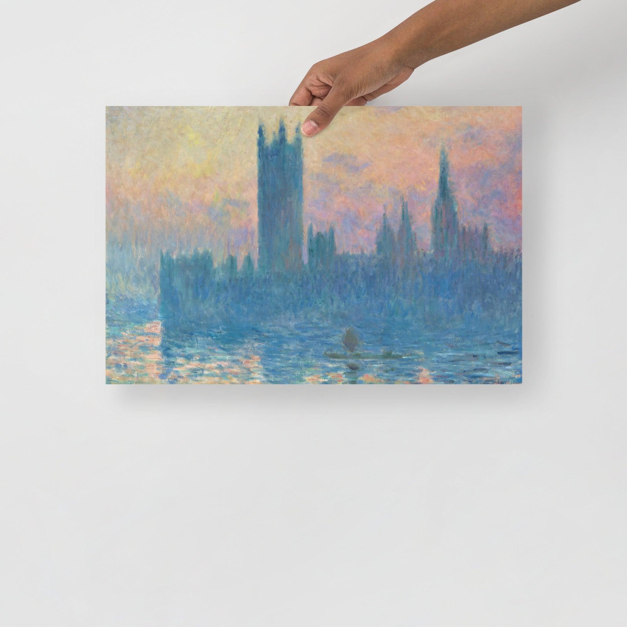 The Houses of Parliament, Sunset by Claude Monet poster on a plain backdrop in size 12x18”.