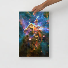 A Mystic Mountain (Carina Nebula) poster on a plain backdrop in size 12x18”.