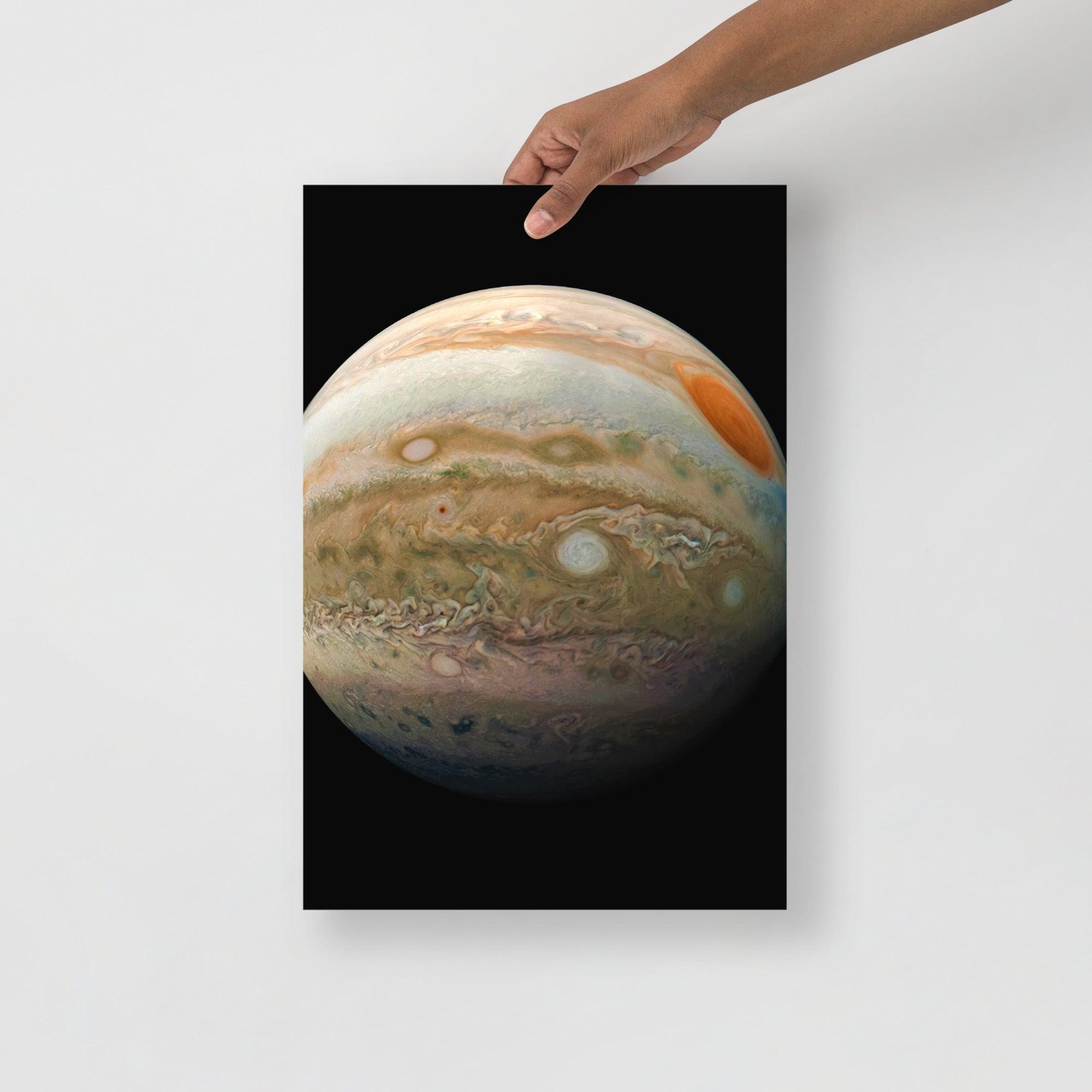 A Planet Jupiter From the Juno Spacecraft poster on a plain backdrop in size 12x18”.