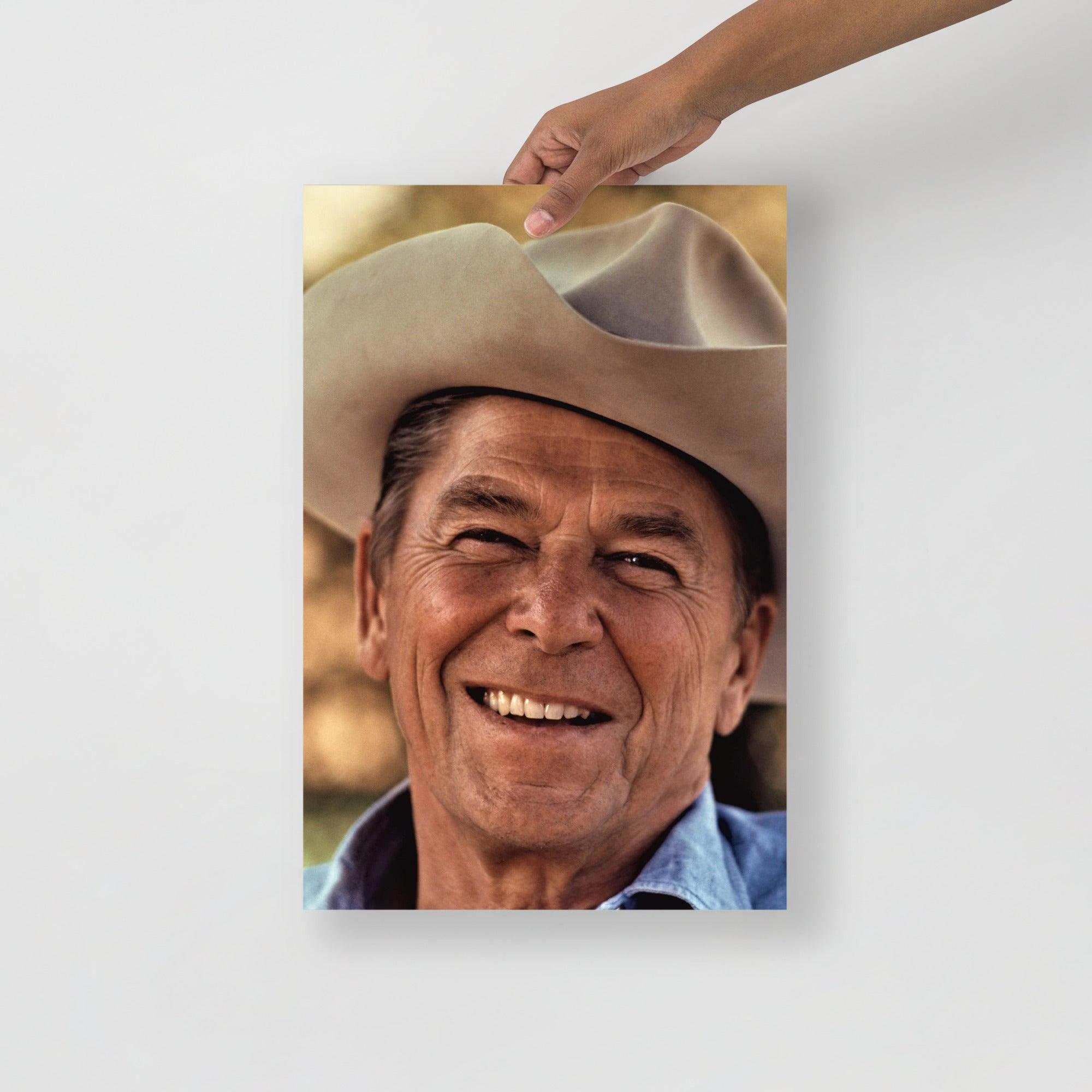 A Ronald Reagan Cowboy Hat poster on a plain backdrop in size 12x18”.