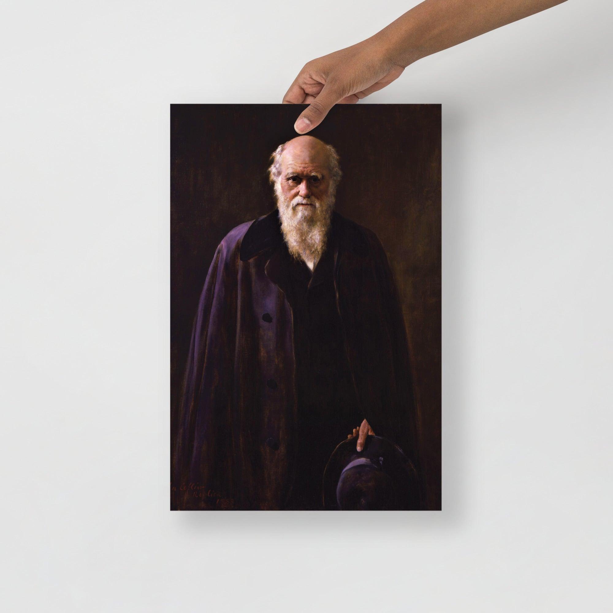 A Charles Darwin By John Collier poster on a plain backdrop in size 12x18”.