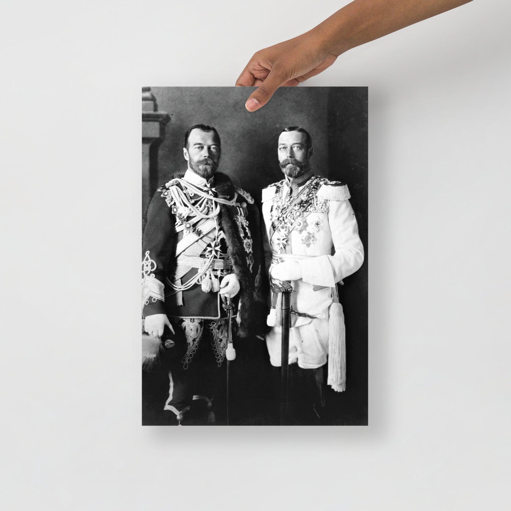 A Tsar Nicholas II & King George V poster on a plain backdrop in size 12x18”.