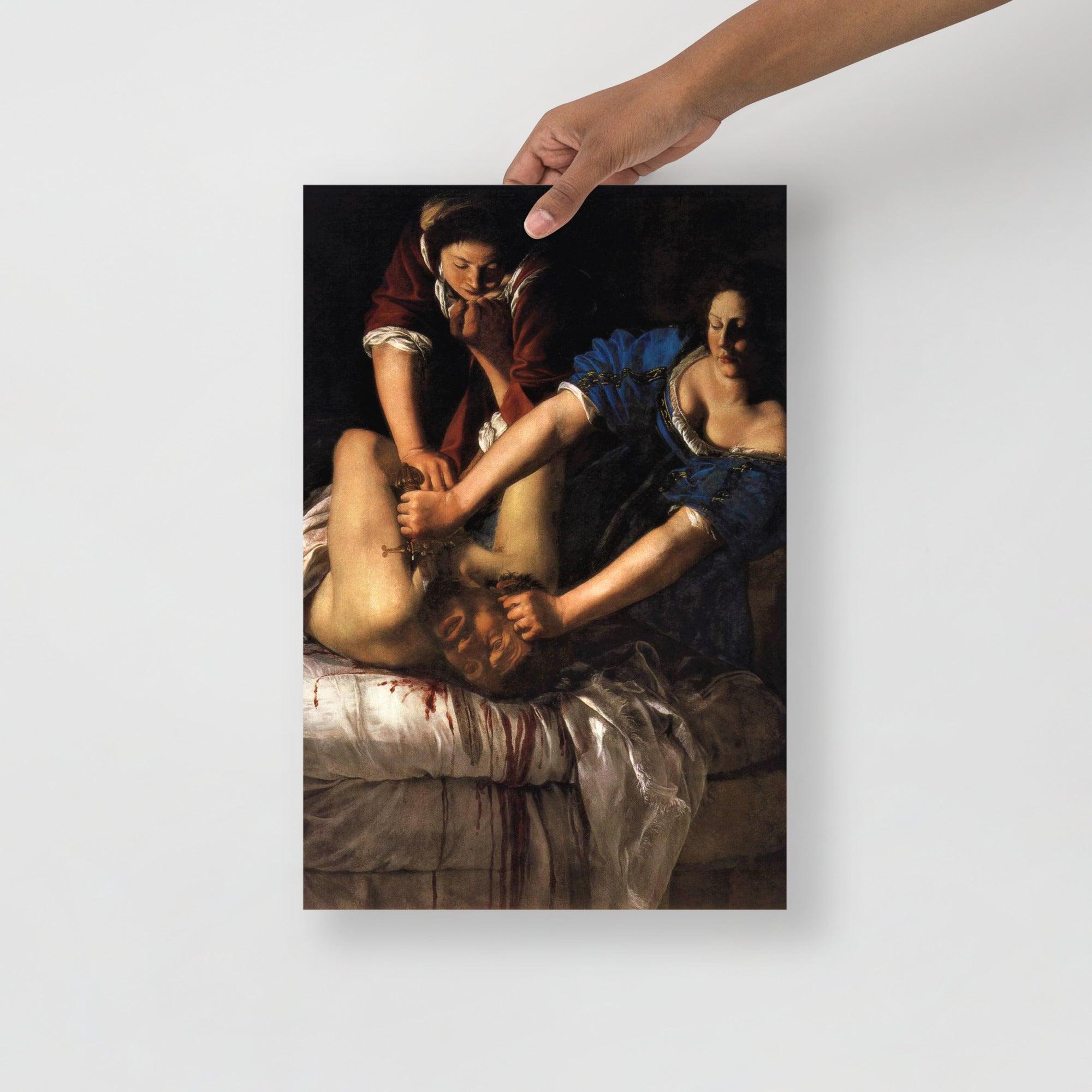 A Judith beheading Holofernes by Artemisia Gentileschi poster on a plain backdrop in size 12x18”.