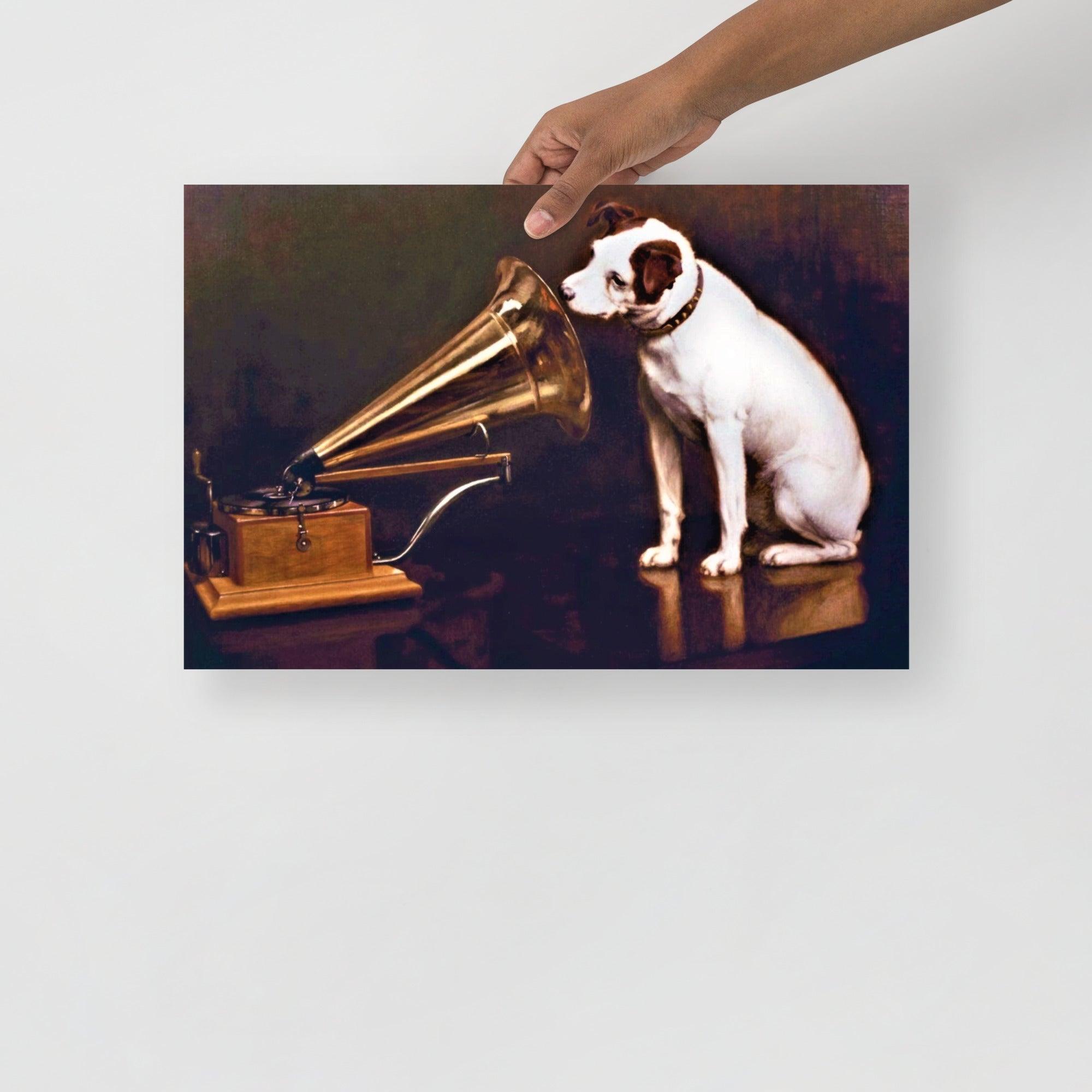 A His Master's Voice By Francis Barraud poster on a plain backdrop in size 12x18”.