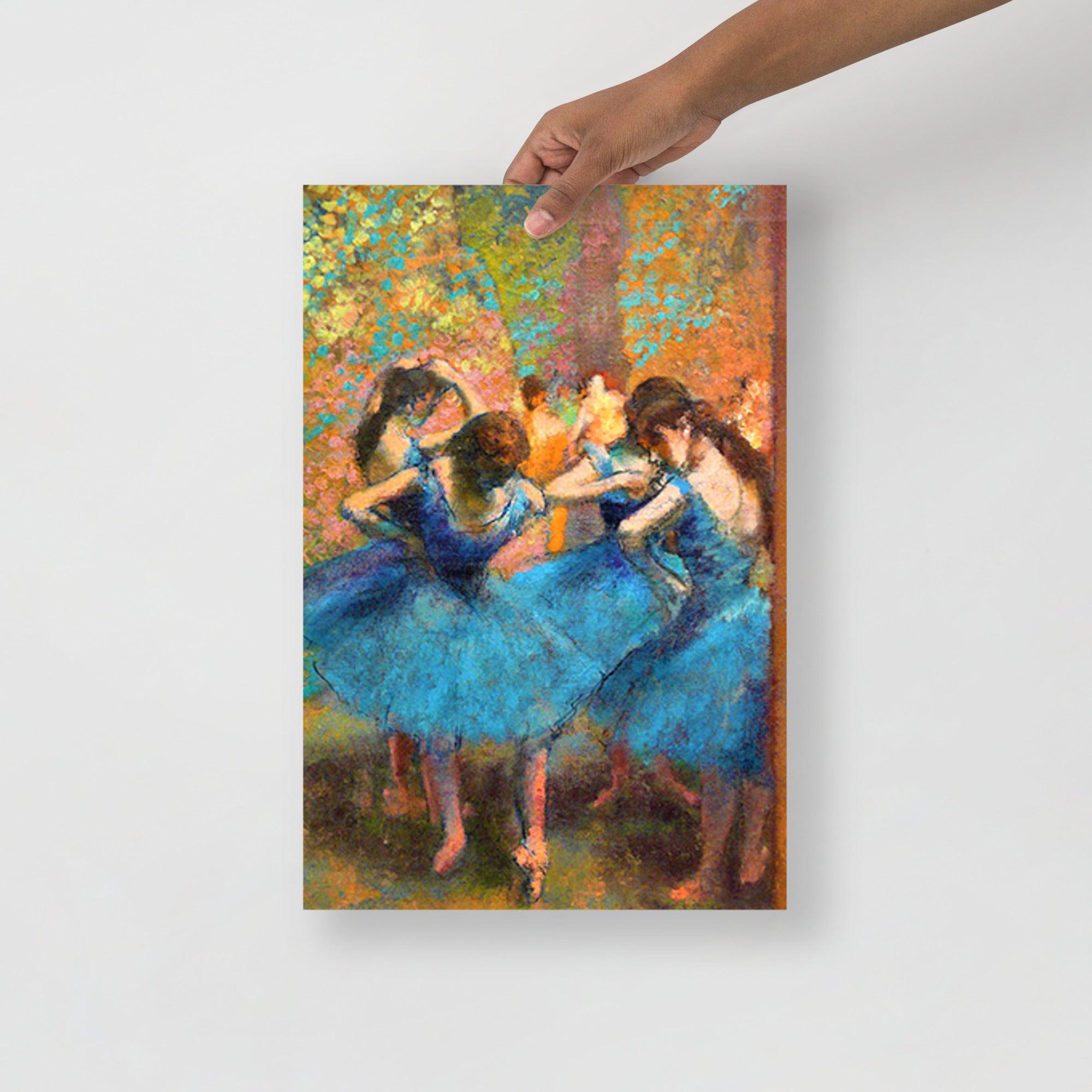 A Dancers in Blue by Edgar Degas poster on a plain backdrop in size 12x18”.