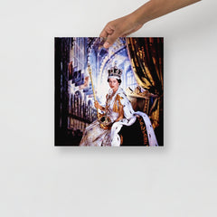 A Queen Elizabeth Coronation poster on a plain backdrop in size 14x14”.