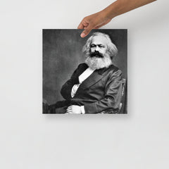 A Karl Marx poster on a plain backdrop in size 14x14”.