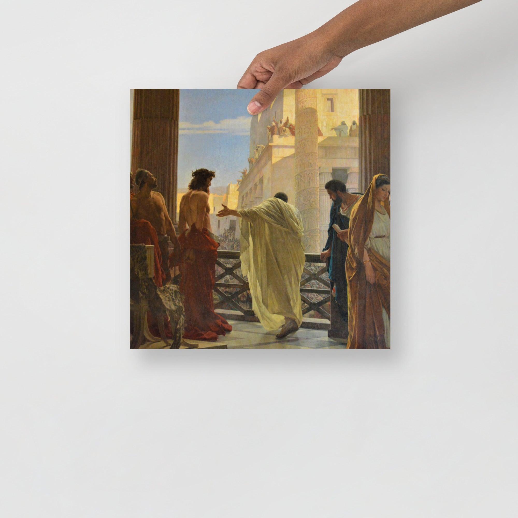 An Ecce Homo poster on a plain backdrop in size 14x14”.