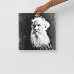 A Leo Tolstoy poster on a plain backdrop in size 14x14”.