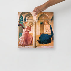 The Annunciation by Beato Angelico poster on a plain backdrop in size 14x14”.