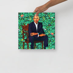 A President Barack Obama poster on a plain backdrop in size 14x14”.