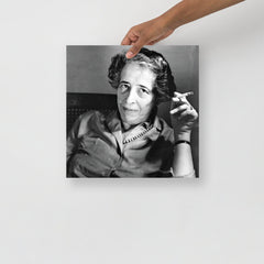 A Hannah Arendt poster on a plain backdrop in size 14x14”.