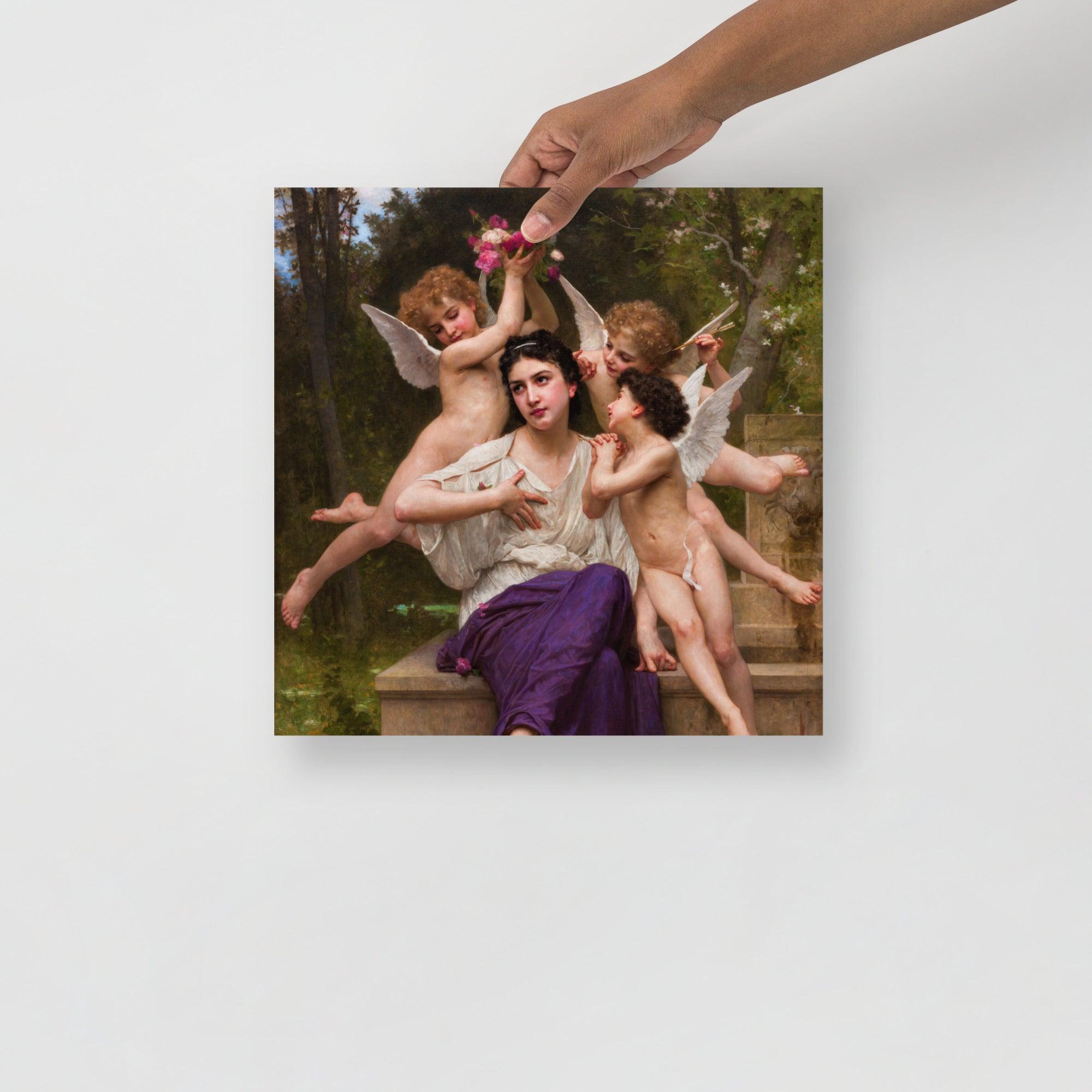A Dream Of Spring by William Adolphe Bouguereau poster on a plain backdrop in size 14x14”.
