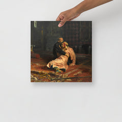 An Ivan the Terrible and His Son Ivan by Ilya Repin poster on a plain backdrop in size 14x14”.