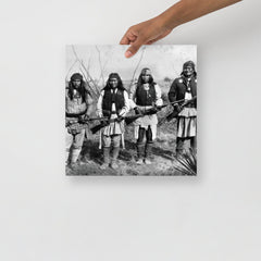 A Geronimo and His Warriors poster on a plain backdrop in size 14x14”.