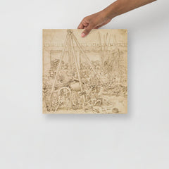 A Scene in an Arsenal by Leonardo Da Vinci poster on a plain backdrop in size 14x14”.