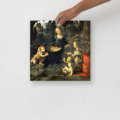 A Virgin of the Rocks by Leonardo Da Vinci  poster on a plain backdrop in size 14x14”.