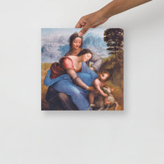 The Virgin and Child with Saint Anne by Leonardo da Vinci poster on a plain backdrop in size 14x14”.