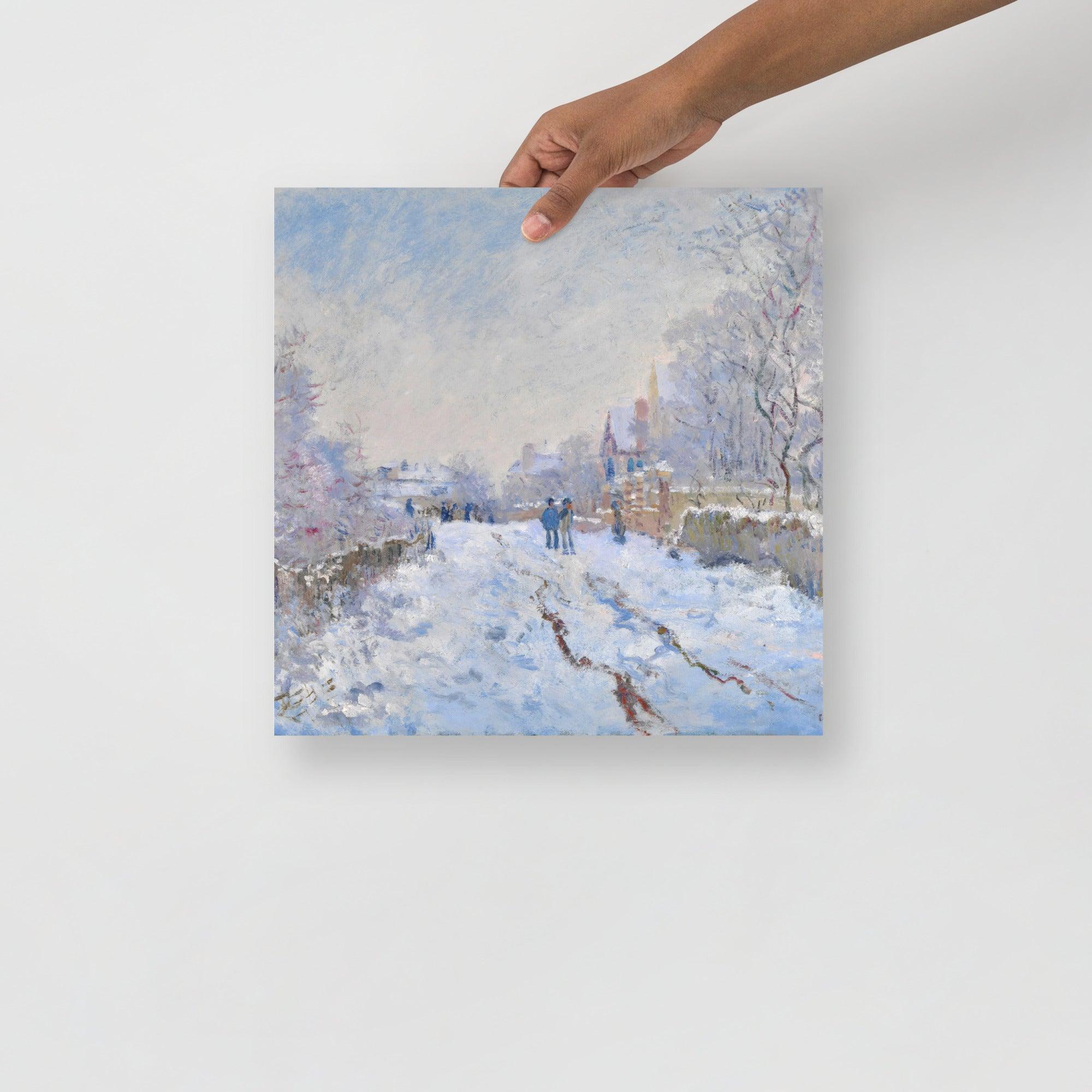 A Snow at Argenteuil by Claude Monet poster on a plain backdrop in size 14x14”.