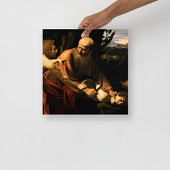 A Sacrifice of Isaac by Caravaggio poster on a plain backdrop in size 14x14”.