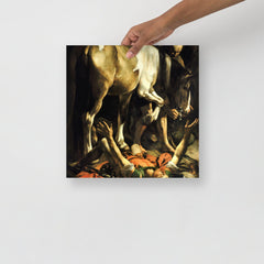 A Conversion on the Way to Damascus by Caravaggio poster on a plain backdrop in size 14x14”.