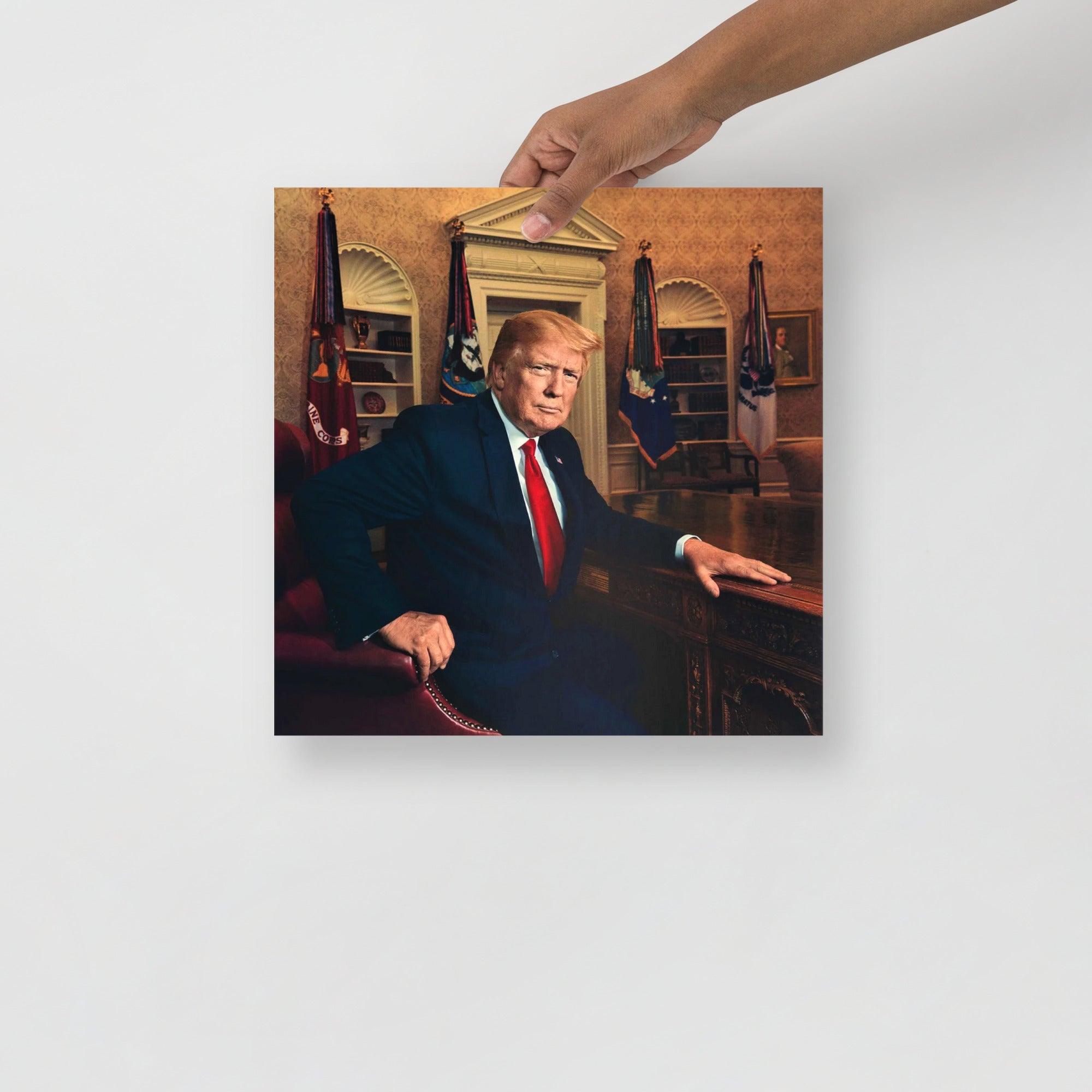 A Donald Trump at the Oval Office poster on a plain backdrop in size 14x14”.
