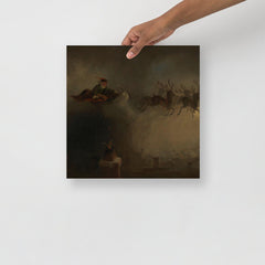 A Santa Claus Dropping Gifts Down The Chimney by William Holbrook Beard poster on a plain backdrop in size 14x14”.