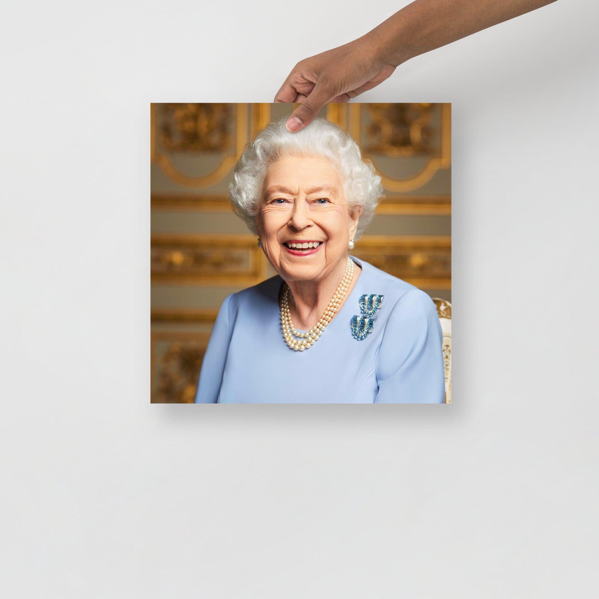 A Platinum Jubilee of Elizabeth II Official Portrait (Posthumous Release) poster on a plain backdrop in size 14x14”.
