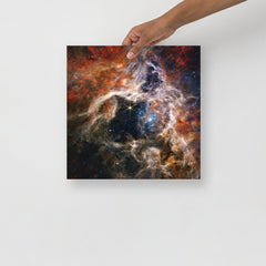 A Tarantula Nebula by James Webb Space Telescope poster on a plain backdrop in size 14x14”.