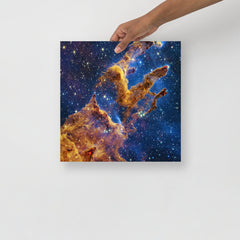 A Pillars of Creation by James Webb Telescope poster on a plain backdrop in size 14x14”.
