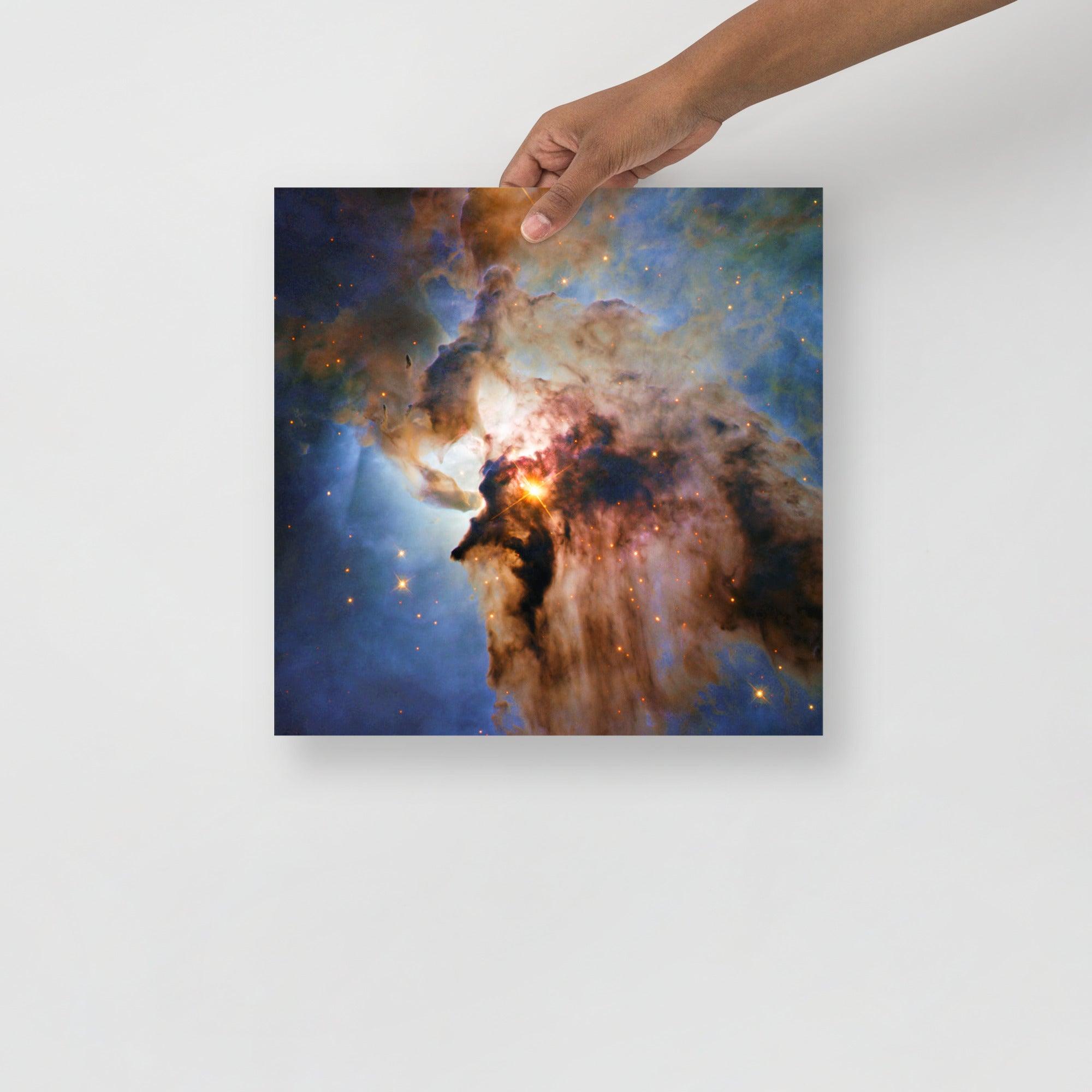A Lagoon Nebula by Hubble Space Telescope poster on a plain backdrop in size 14x14”.