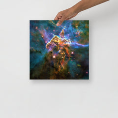 A Mystic Mountain (Carina Nebula) poster on a plain backdrop in size 14x14”.