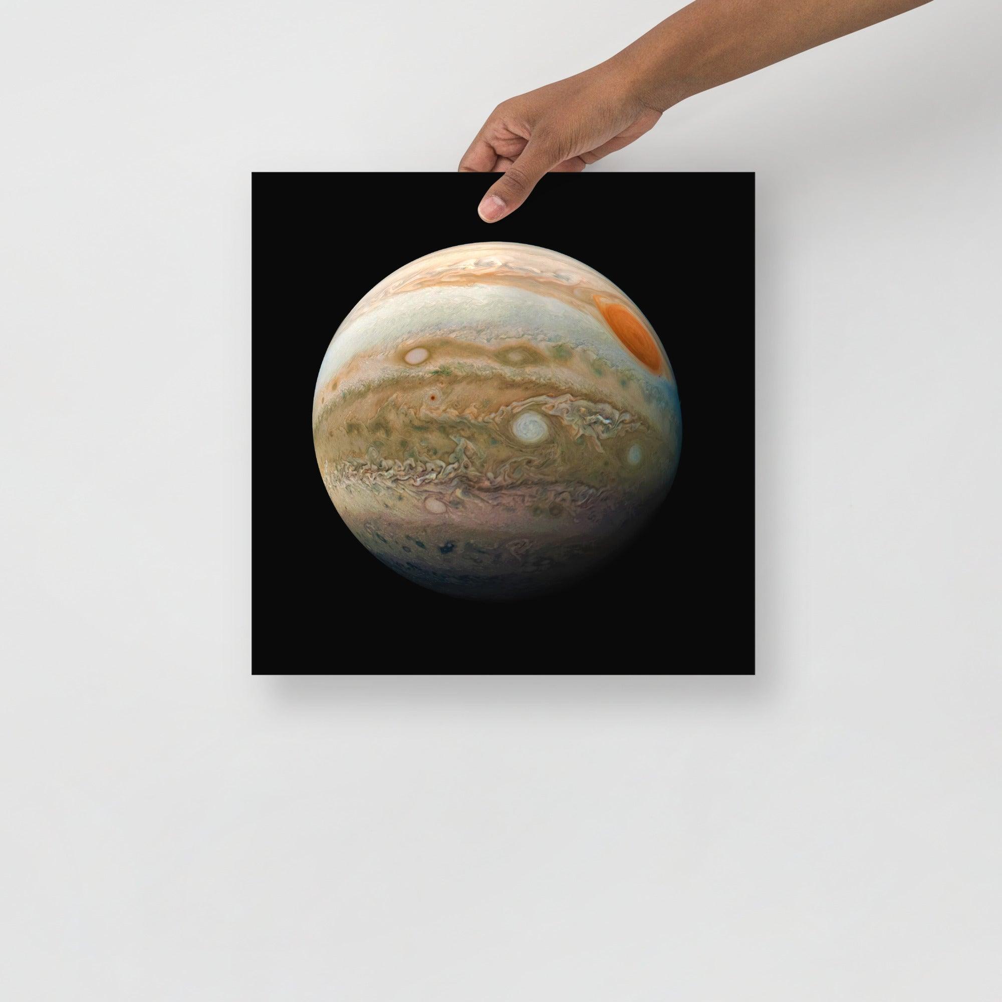 A Planet Jupiter From the Juno Spacecraft poster on a plain backdrop in size 14x14”.
