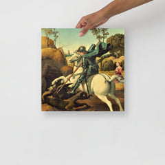 A Saint George And The Dragon by Raphael poster on a plain backdrop in size 14x14”.