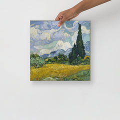 A Wheat Field with Cypresses by Vincent van Gogh poster on a plain backdrop in size 14x14”.