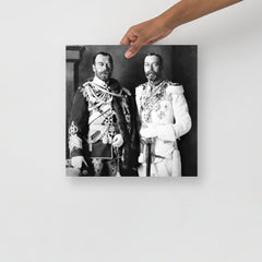 A Tsar Nicholas II & King George V poster on a plain backdrop in size 14x14”.