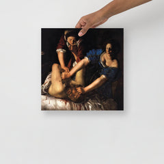 A Judith beheading Holofernes by Artemisia Gentileschi poster on a plain backdrop in size 14x14”.