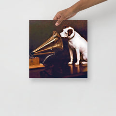 A His Master's Voice By Francis Barraud poster on a plain backdrop in size 14x14”.