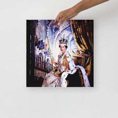 A Queen Elizabeth Coronation poster on a plain backdrop in size 16x16”.