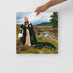 The Queen at Her Balmoral Estate poster on a plain backdrop in size 16x16”.
