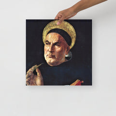 A St. Thomas Aquinas by Sandro Botticelli poster on a plain backdrop in size 16x16”.