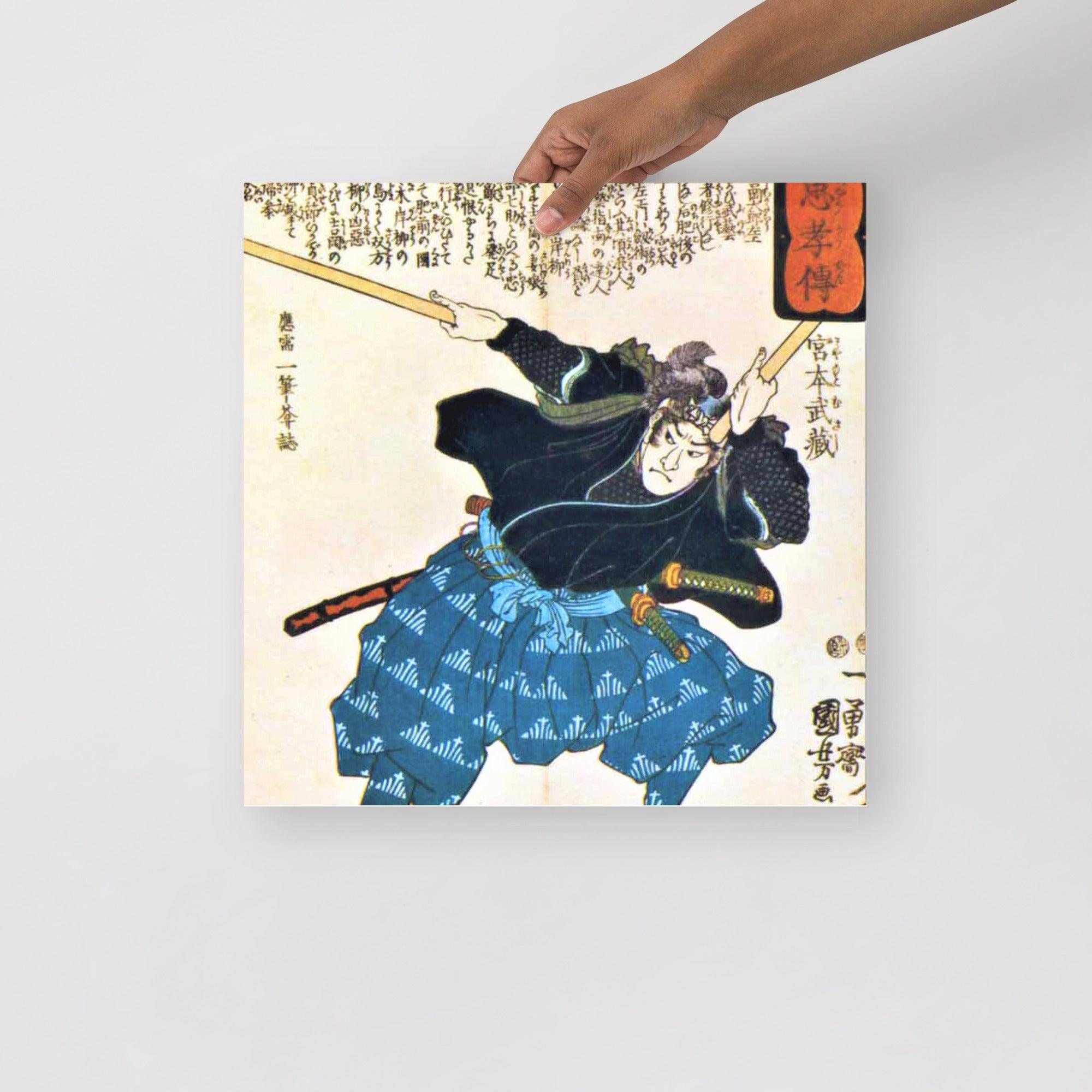 A Miyamoto Musashi by Utagawa Kuniyoshi poster on a plain backdrop in size 16x16”.