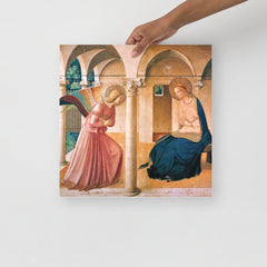 The Annunciation by Beato Angelico poster on a plain backdrop in size 16x16”.