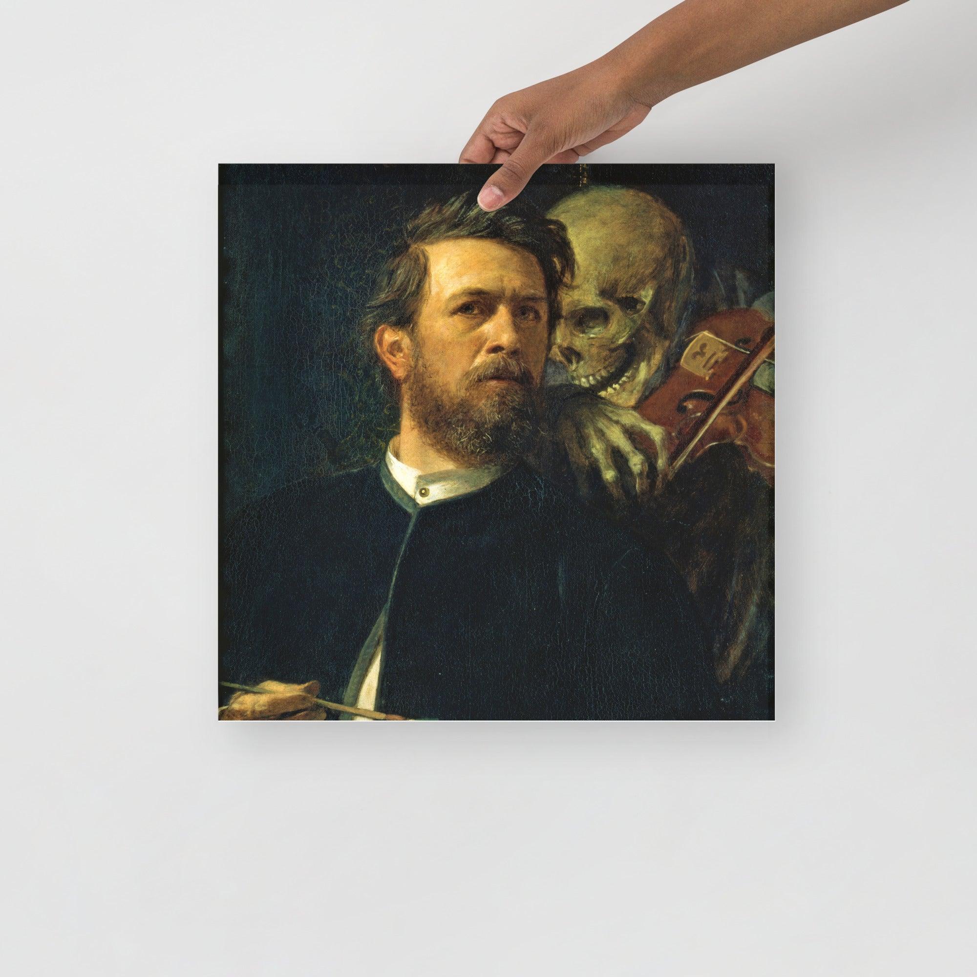 A Self Portrait With Death Playing The Fiddle poster on a plain backdrop in size 16x16”.