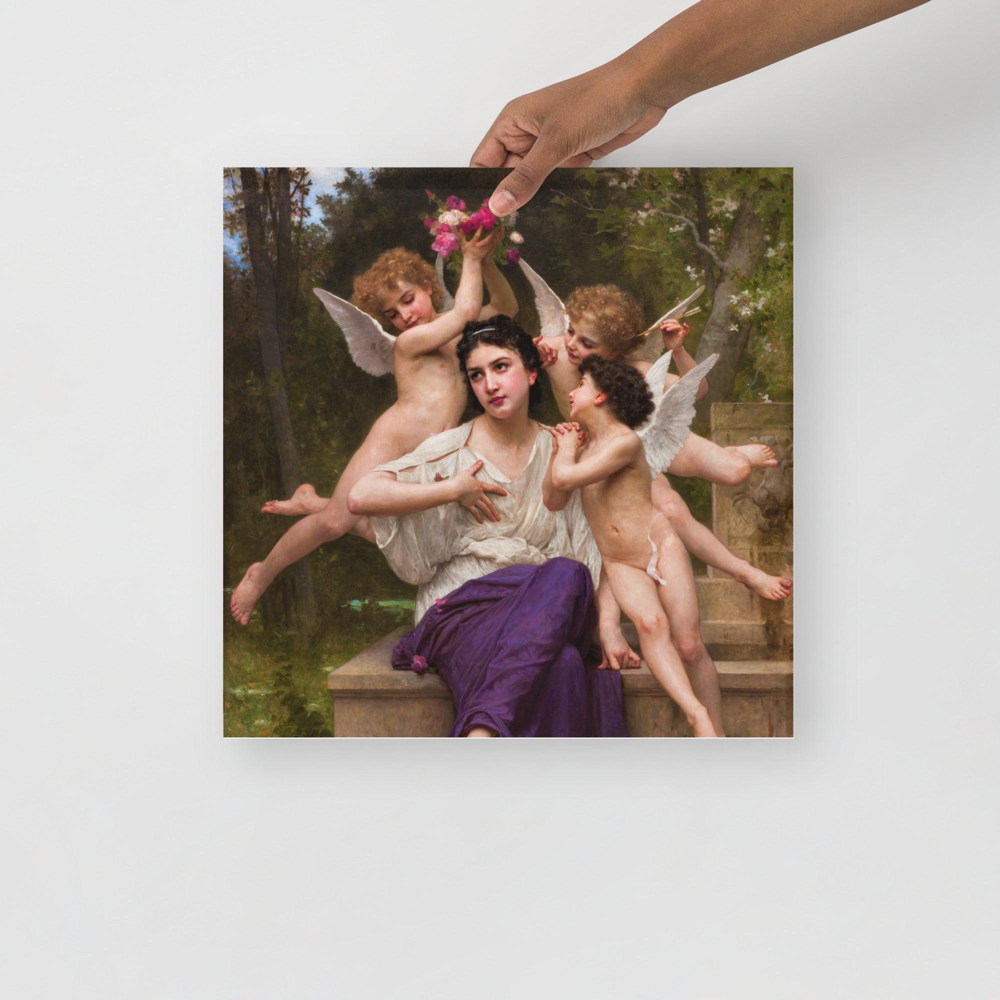 A Dream Of Spring by William Adolphe Bouguereau poster on a plain backdrop in size 16x16”.