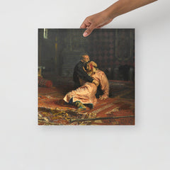 An Ivan the Terrible and His Son Ivan by Ilya Repin poster on a plain backdrop in size 16x16”.