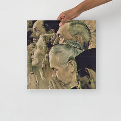 A Freedom of Worship by Norman Rockwell  poster on a plain backdrop in size 16x16”.