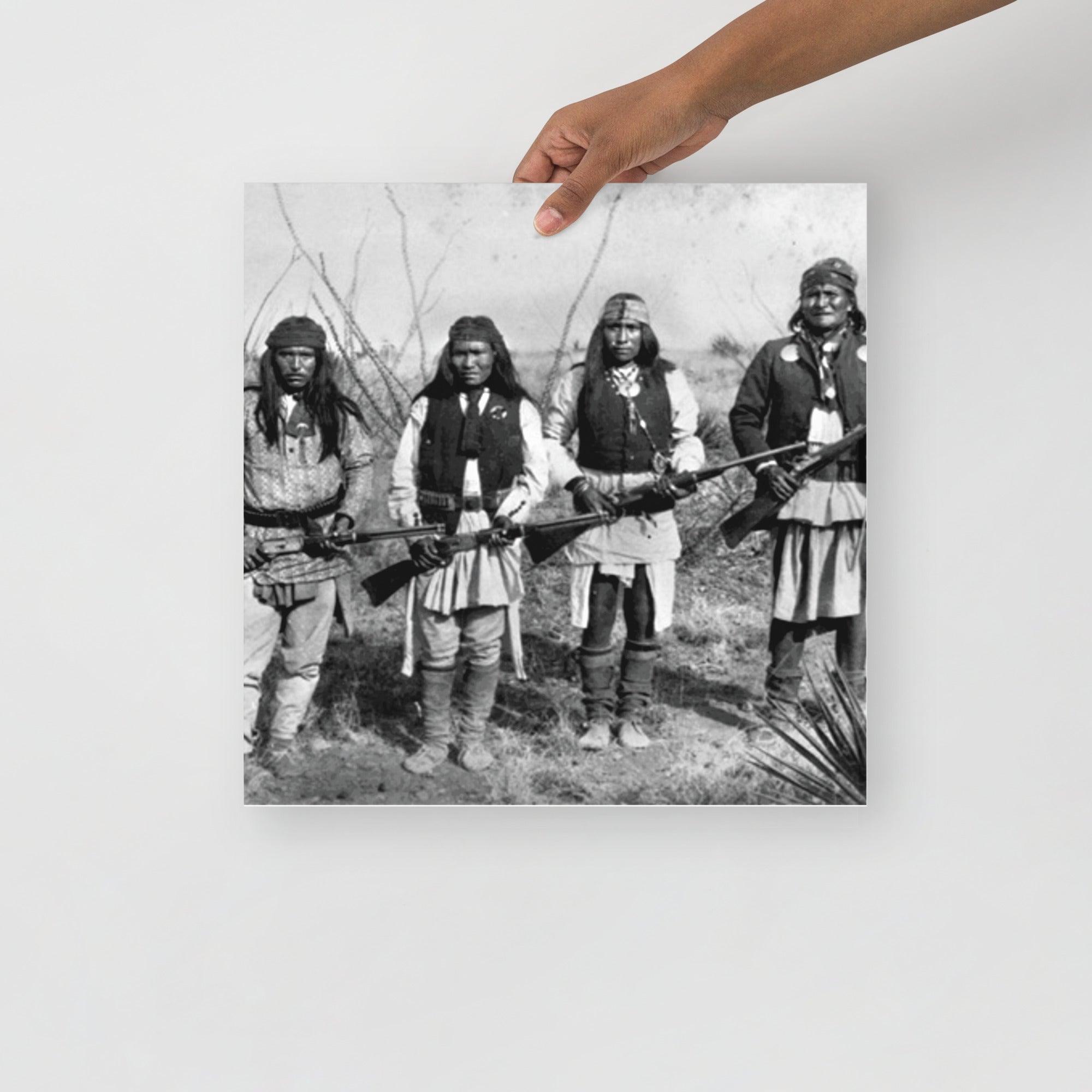 A Geronimo and His Warriors poster on a plain backdrop in size 16x16”.